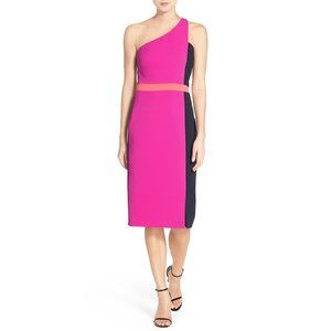 Badgley Mischka Pink Navy colorblock one shoulder Sheath Sleeveless Dress